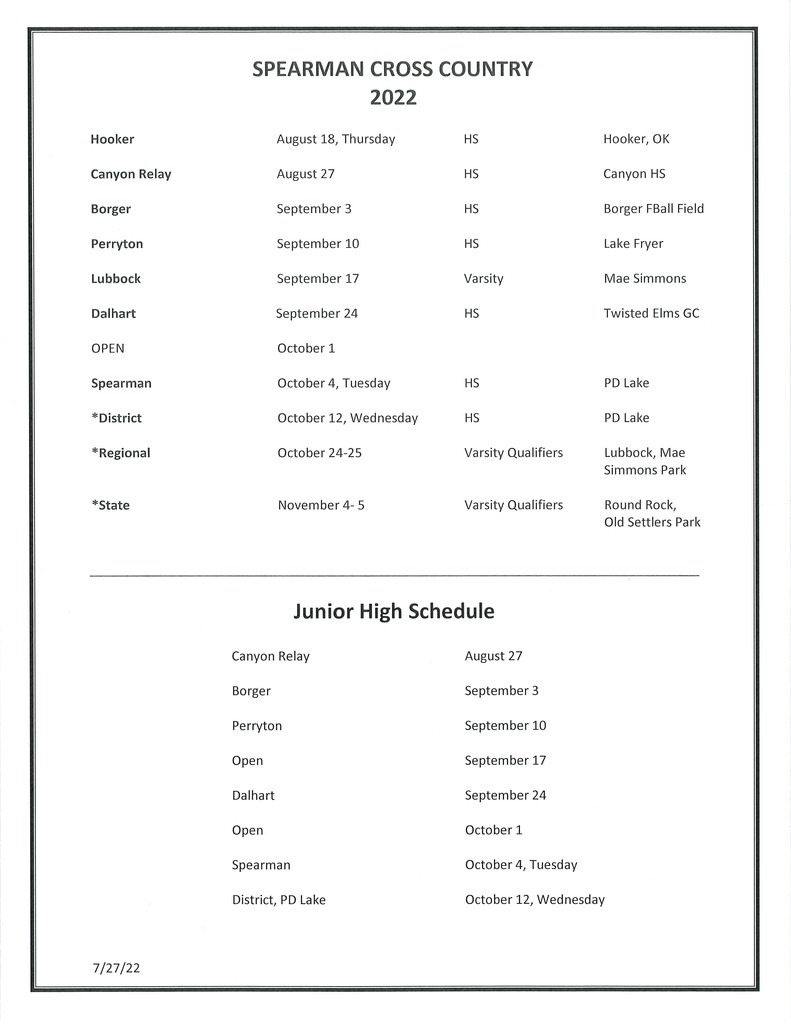 2022 XC Schedule